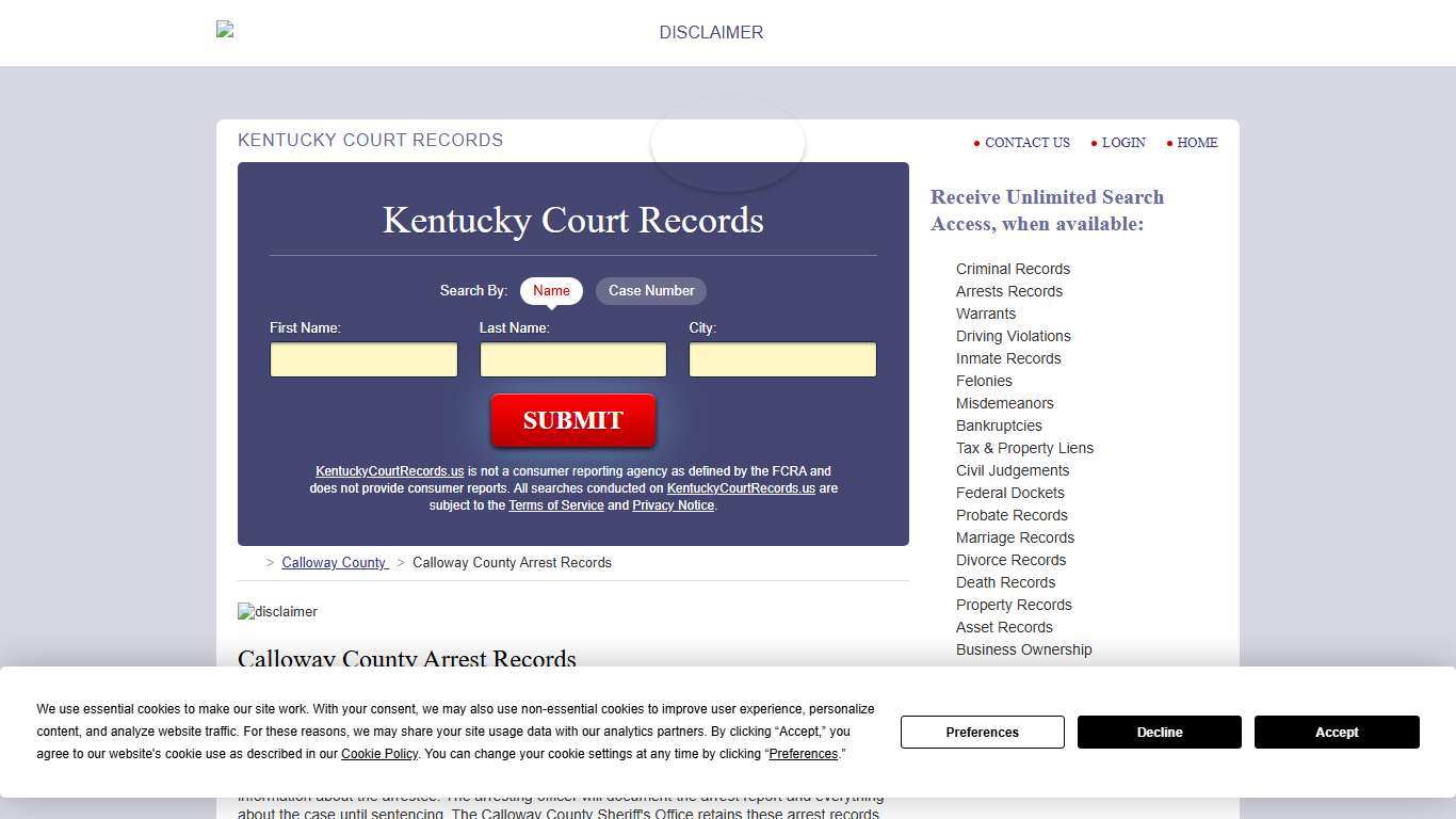 Calloway County Arrest Records KentuckyCourtRecords.us