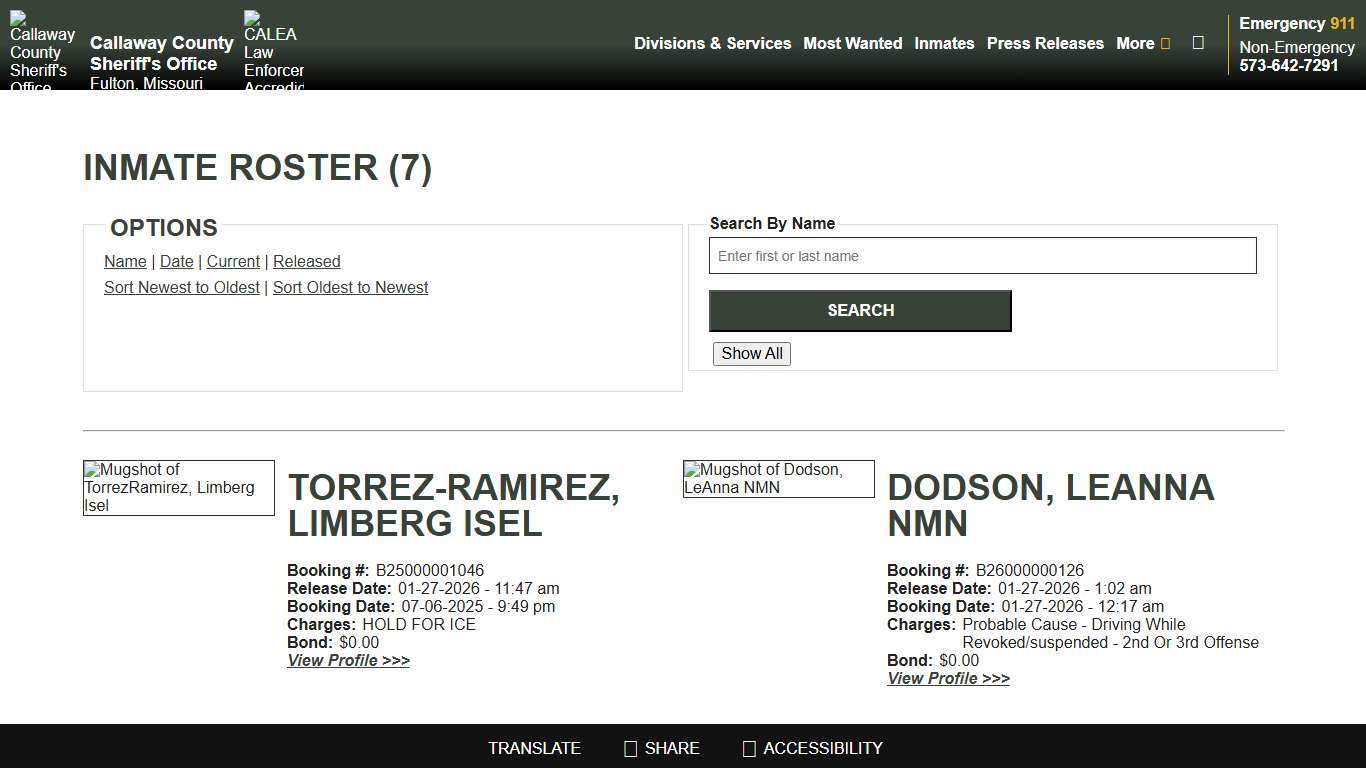 Inmate Roster - Released Inmates Booking Date Descending - Callaway County Sheriff's Office, Missouri